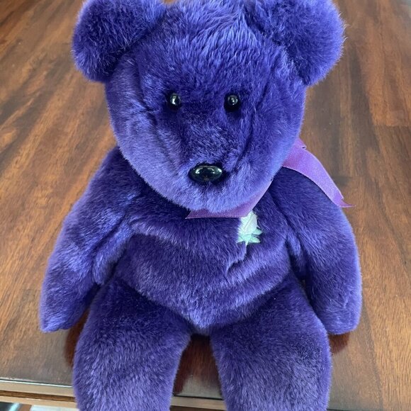 1998 Ty Beanie Babies Purple  Bear w/White Rose Beanbag Plush 14" No Tag! - Picture 1 of 5